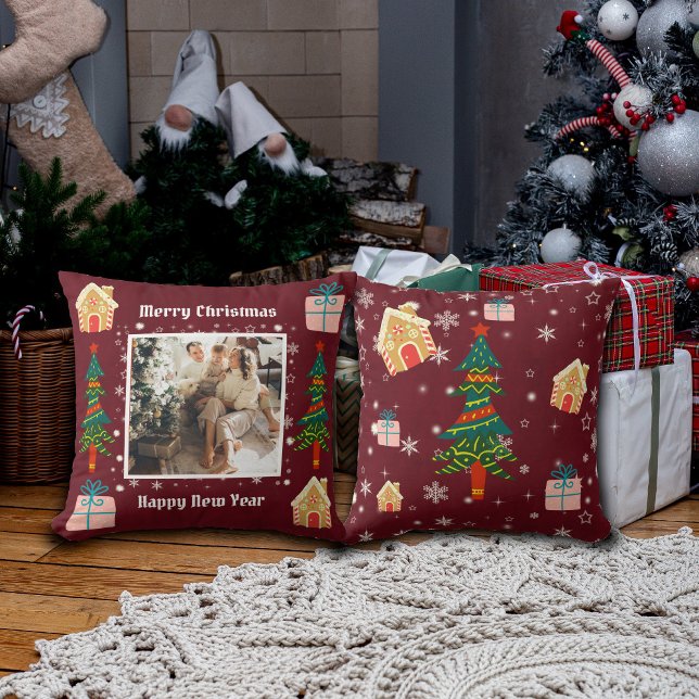 Merry Christmas Ruby Wine Family Photo  Throw Pillow (Creator Uploaded)