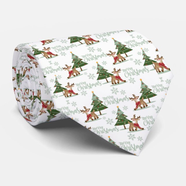 Merry Christmas Rudolph and Christmas Trees  Neck Tie (Rolled)