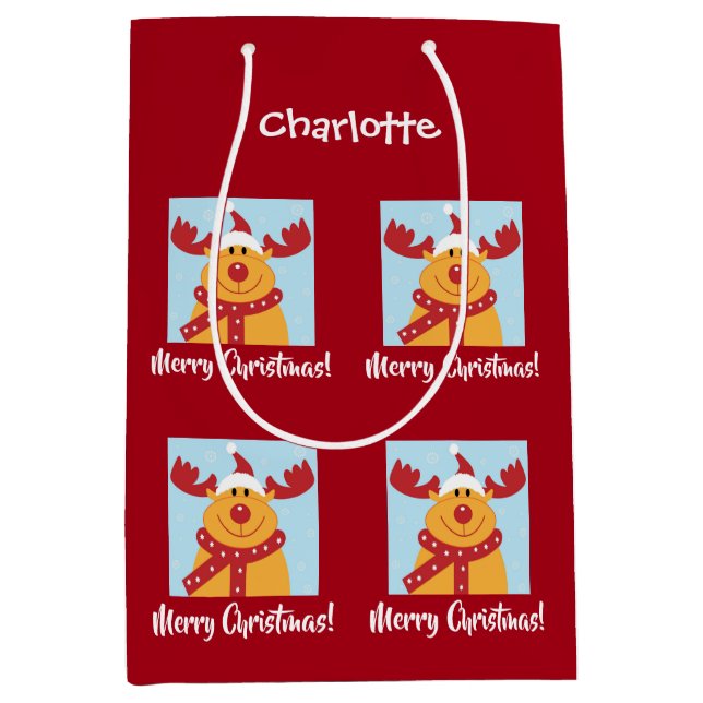 Merry Christmas Rudolph Reindeer Personalize Name Medium Gift Bag (Front)