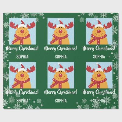 Merry Christmas Rudolph Reindeer Personalize Name Wrapping Paper