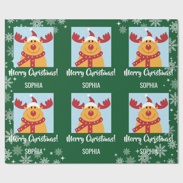 Merry Christmas Rudolph Reindeer Personalize Name Wrapping Paper (Flat)