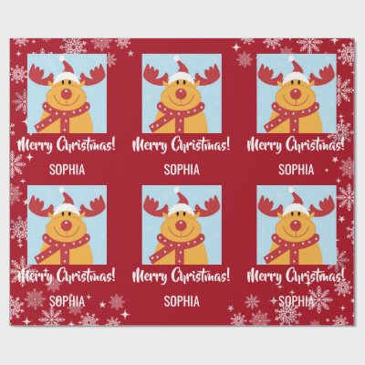 Merry Christmas Rudolph Reindeer Personalize Name Wrapping Paper