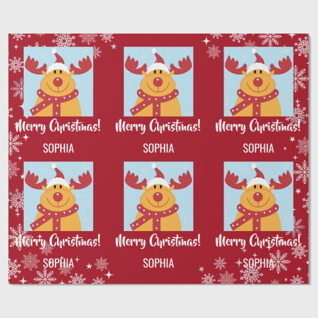 Merry Christmas Rudolph Reindeer Personalize Name Wrapping Paper (Flat)