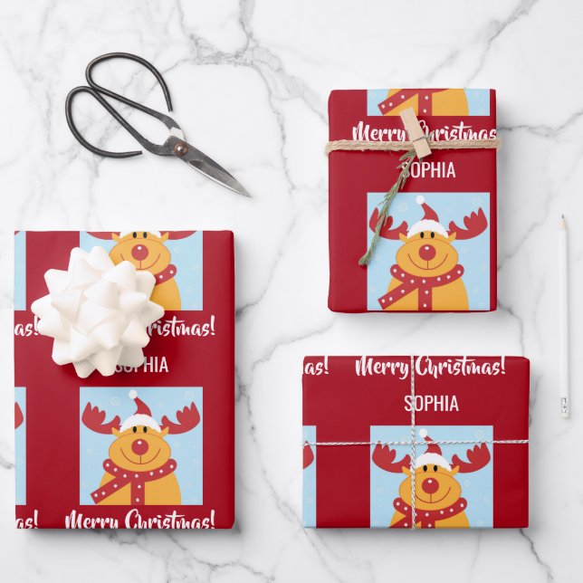 Merry Christmas Rudolph Reindeer Personalize Name Wrapping Paper Sheets (Front)