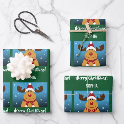 Merry Christmas Rudolph Reindeer Personalized Name Wrapping Paper Sheets