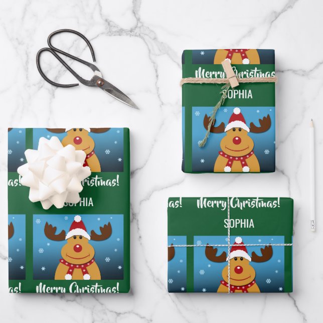 Merry Christmas Rudolph Reindeer Personalized Name Wrapping Paper Sheets (Front)