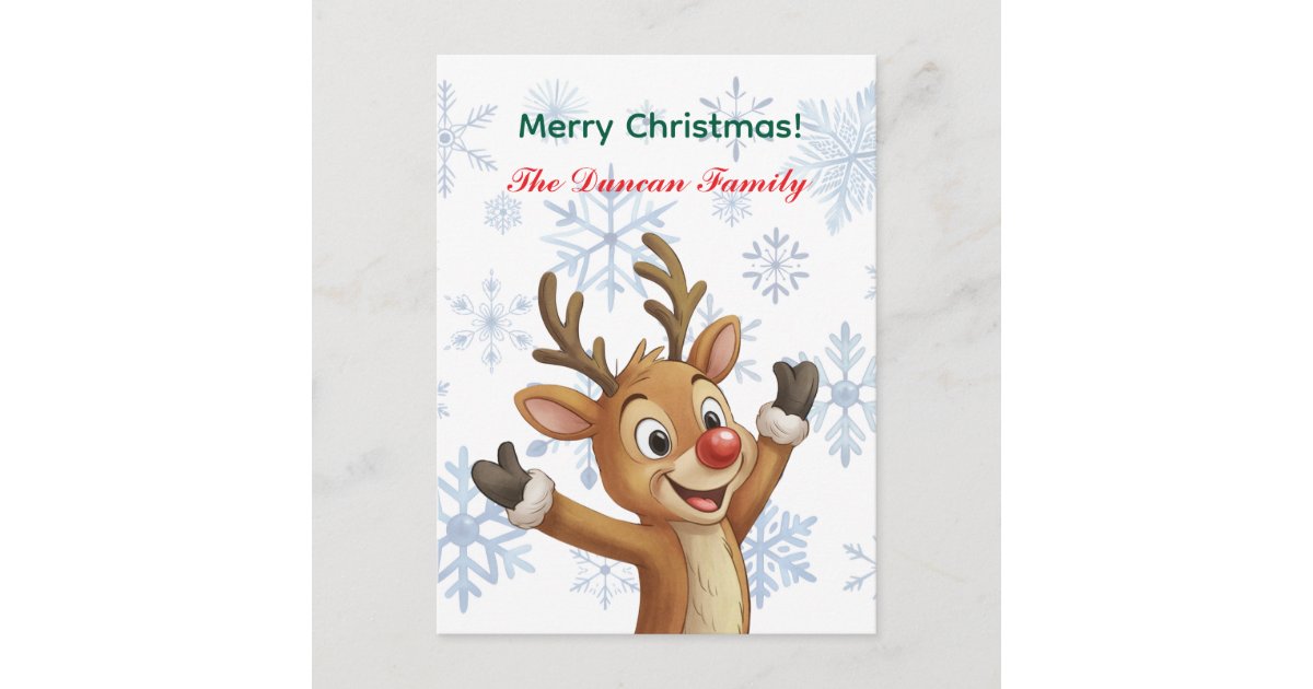 Merry Christmas Rudolph with Blue Snowflakes Holiday Postcard | Zazzle