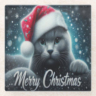 Merry Christmas Russian blue Cat, Xmas Santa Cat Glass Coaster