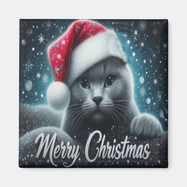 Merry Christmas Russian blue Cat, Xmas Santa Cat Magnet (Front)