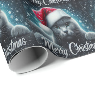 Merry Christmas Russian blue Cat, Xmas Santa Cat Wrapping Paper