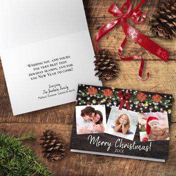 Merry Christmas Rustic 3 Photo Garland & Lights Holiday Card by ZingerBug at Zazzle