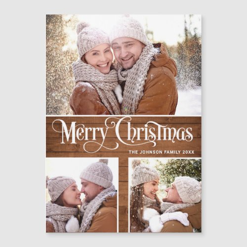Merry Christmas Rustic 3 PHOTO Magnetic Card