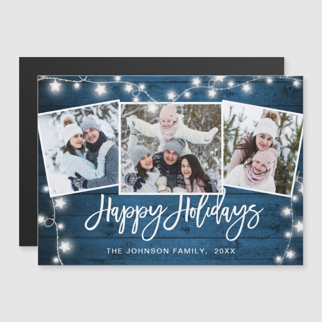 Merry Christmas Rustic  3 PHOTO Magnetic Card (Front/Back)