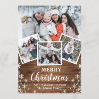 Merry Christmas Rustic 4 Photo Collage Family Holiday Card