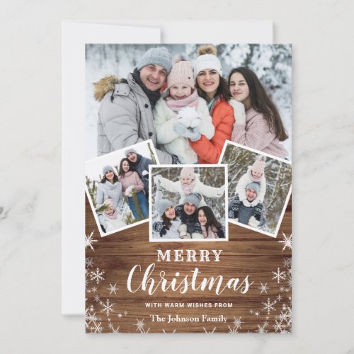 Merry Christmas Rustic 4 Photo Greeting QR code Holiday Card