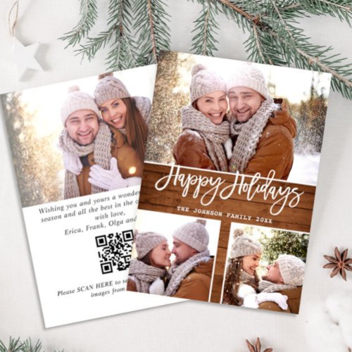 Merry Christmas Rustic 4 PHOTO Greeting QR code Holiday Card