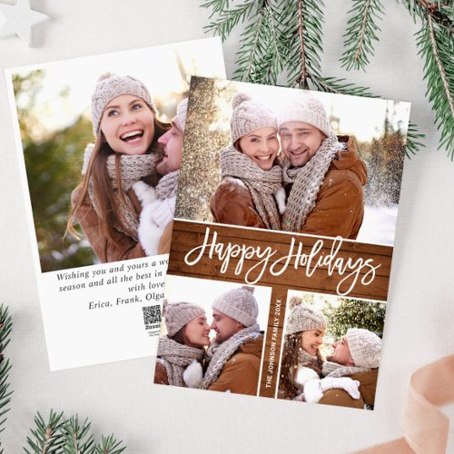 Merry Christmas Rustic 4 PHOTO Greeting QR code Holiday Card