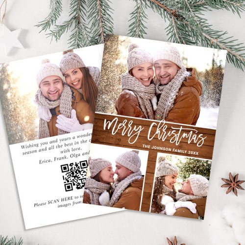 Merry Christmas Rustic 4 PHOTO Greeting QR code Holiday Card