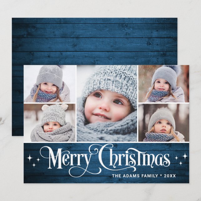 Merry Christmas Rustic 5 PHOTO Greeting Holiday Card (Front/Back)