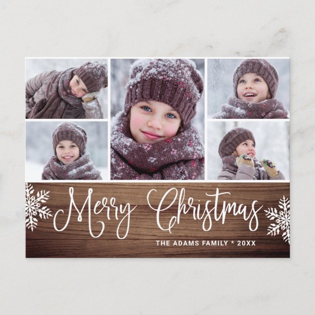 Merry Christmas Rustic 5 PHOTO Greeting Holiday Postcard (Front)