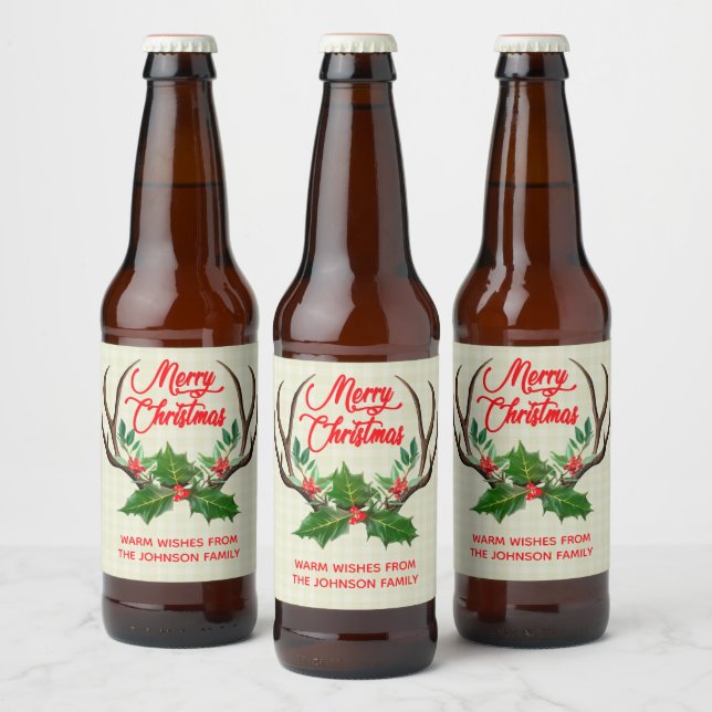 Merry Christmas Rustic Antlers Beer Bottle Label (Bottles)