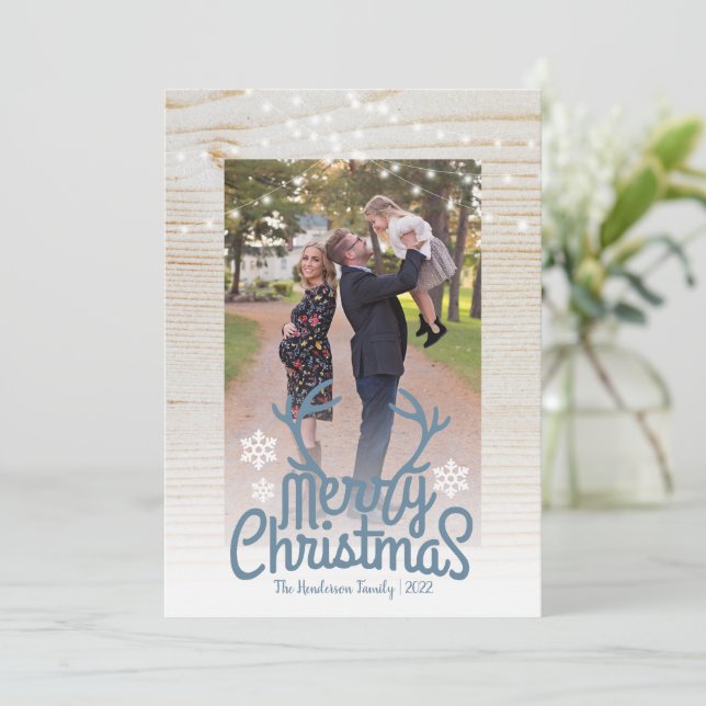 Merry Christmas Rustic Antlers Photo String Light Holiday Card (Standing Front)