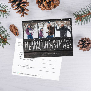 Merry Christmas rustic barn wood 3 photo collage Holiday Postcard