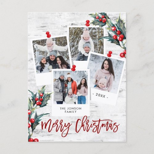 Merry Christmas Rustic Birch Bark 4 PHOTO Greeting Postcard