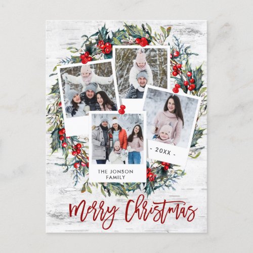 Merry Christmas Rustic Birch Bark 4 PHOTO Greeting Postcard