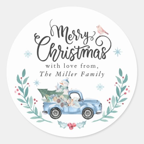 Merry Christmas Rustic Blue Truck Winter Floral Classic Round Sticker