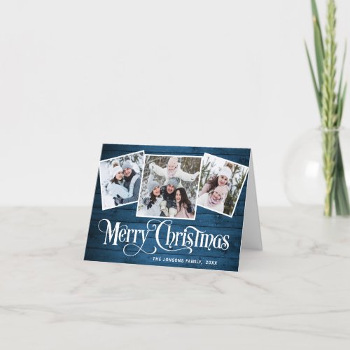 Merry Christmas Rustic Blue Wood 4 PHOTO Greeting  Holiday Card