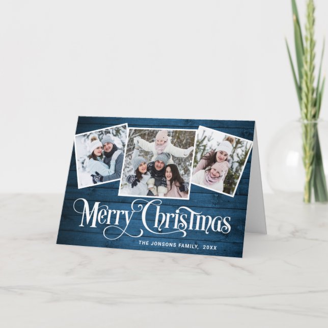 Merry Christmas Rustic Blue Wood 4 PHOTO Greeting  Holiday Card (Front)