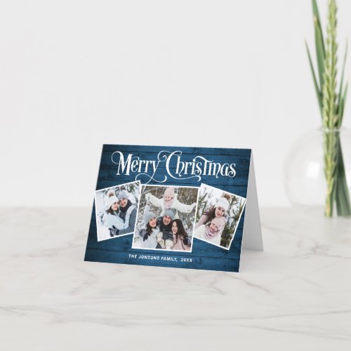 Merry Christmas Rustic Blue Wood 4 PHOTO Greeting Holiday Card