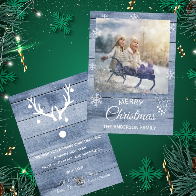 Merry Christmas rustic blue wood photo card (Creator Uploaded)
