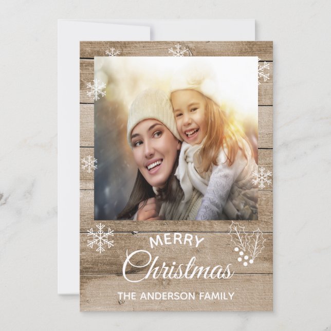 Merry Christmas rustic brown wood photo card (Front)