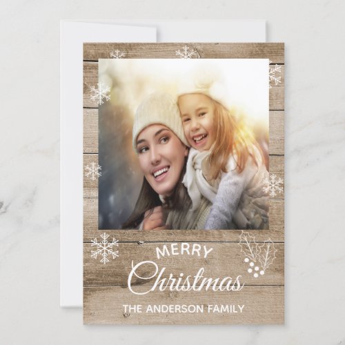 Merry Christmas rustic brown wood photo card