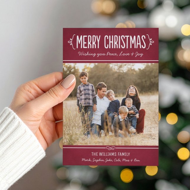 Merry Christmas Rustic Burgundy Family Photo Holiday Card (Creator Uploaded)
