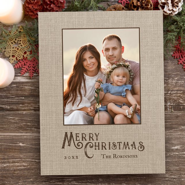 Merry Christmas Rustic Burlap Print Photo Holiday Postcard (Creator Uploaded)