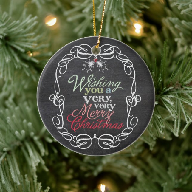 Merry Christmas Rustic Chalkboard Mistletoes Photo Ceramic Ornament (Tree)