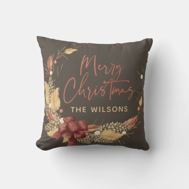 Merry Christmas Rustic Copper Photo Monogram Throw Pillow (Front)