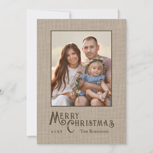 Merry Christmas Rustic Country Burlap Print Photo Holiday Card (Front)