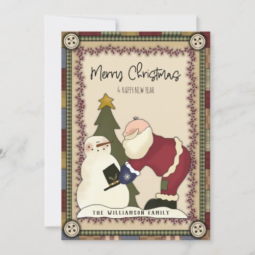 Merry Christmas Rustic Country Santa and Snowman Holiday Card