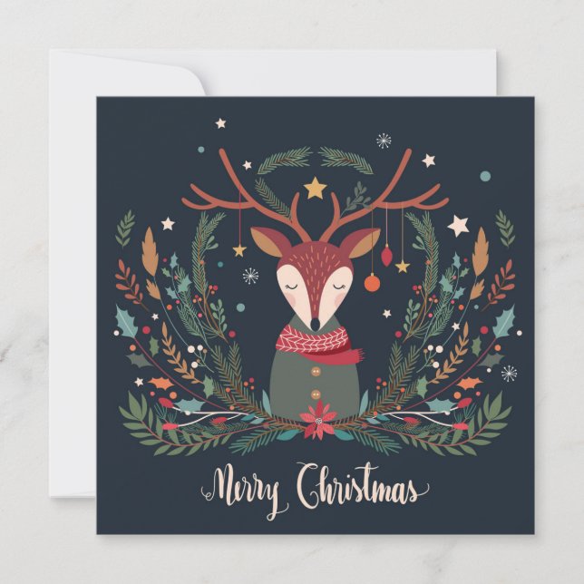 Merry Christmas Rustic Floral Reindeer Personalize Holiday Card (Front)