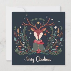 Merry Christmas Rustic Floral Reindeer Personalize Holiday Card