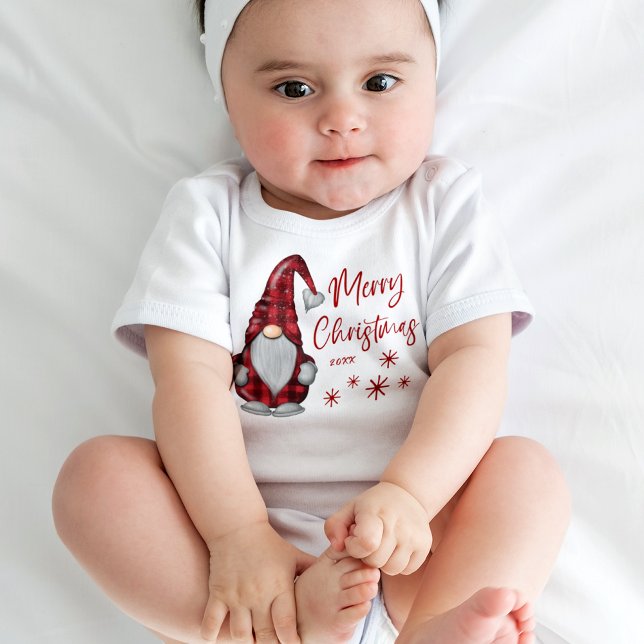 Merry Christmas Rustic Gnome in Red Buffalo Plaid Baby Bodysuit (Creator Uploaded)