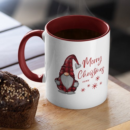 Merry Christmas Rustic Gnome in Red Buffalo Plaid Mug