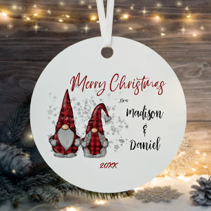 Merry Christmas Rustic Gnomes in Red Buffalo Plaid Metal Ornament