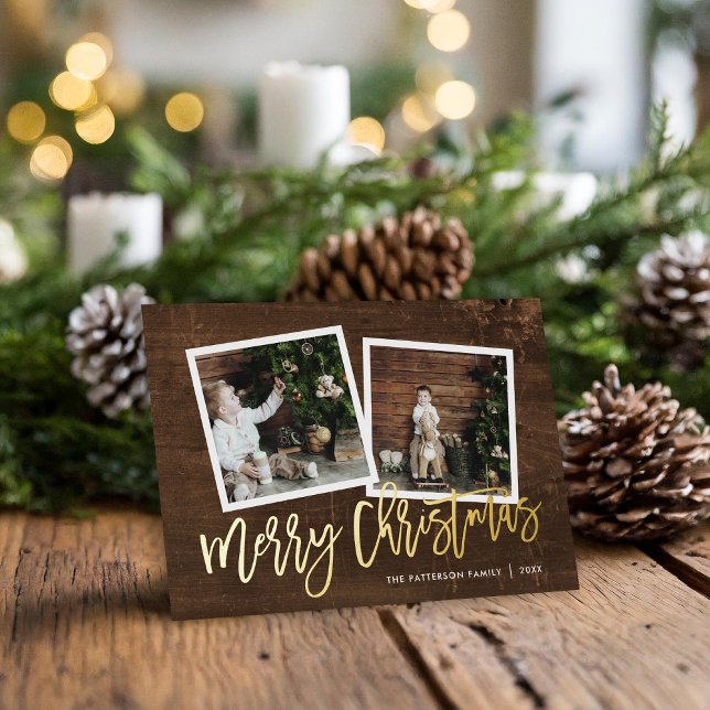 Merry Christmas Rustic Gold Script Photo Foil Holiday Card (Creator Uploaded)