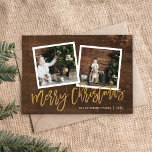 Merry Christmas Rustic Gold Script Photo Holiday Card<br><div class="desc">Affordable custom printed Christmas photo cards with simple templates for customization. This rustic chic design features a 2 photo template with faux gold foil script text on a wood-look background. Personalize it with your photos, family name, the year or other custom text. Please note that the faux gold foil and...</div>