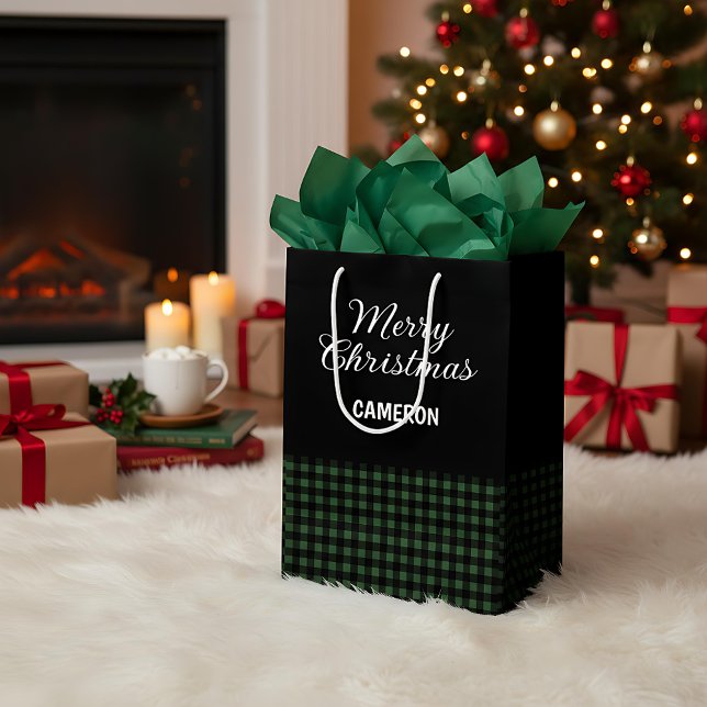 Merry Christmas Rustic Green & Black Buffalo Plaid Medium Gift Bag (Creator Uploaded)